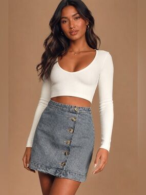 Lulus Denim Button Front Mini Skirt Women’s Small Blue 100% Cotton